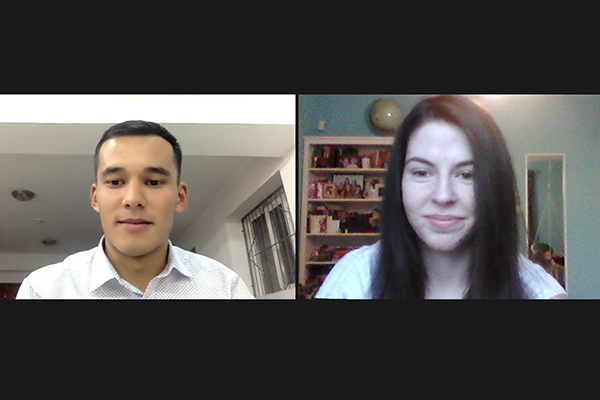 Nurmuhamad Turkbaev in Bishkek, Kyrgyzstan, and Daria Naidenova in Sofia, Bulgaria, during a videoconference interview on March 28, 2021
