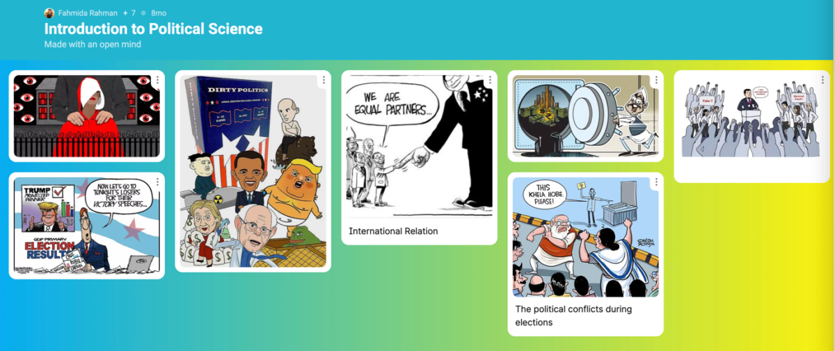A Padlet filled with political cartoons and images from Fahmida's class.